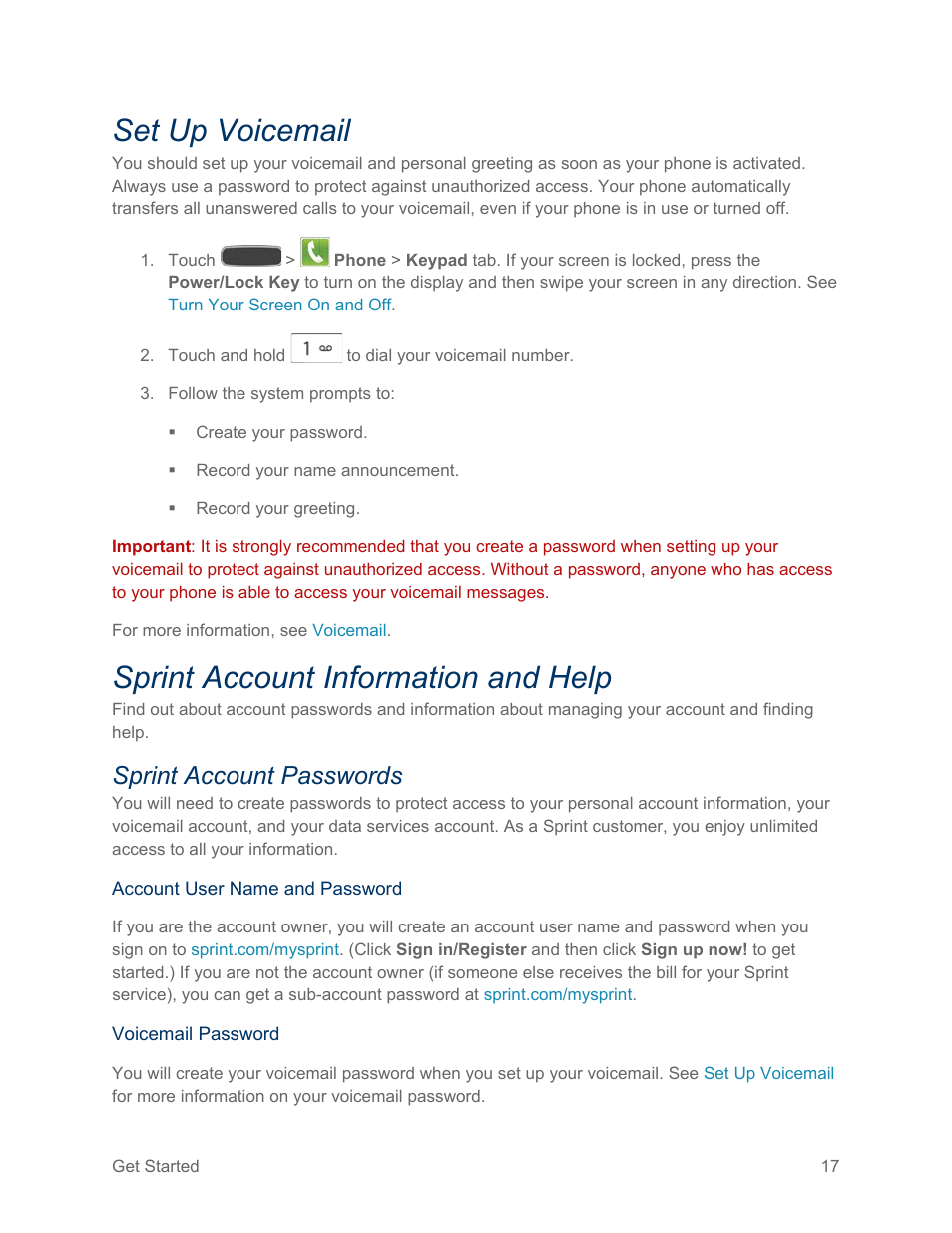 Set up voicemail, Sprint account information and help, Sprint account passwords | Samsung SPH-L600ZKASPR User Manual | Page 18 / 158