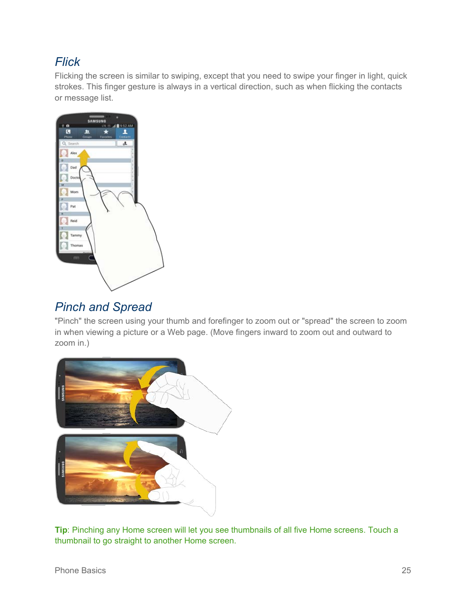 Flick, Pinch and spread | Samsung SPH-L600ZKASPR User Manual | Page 26 / 158