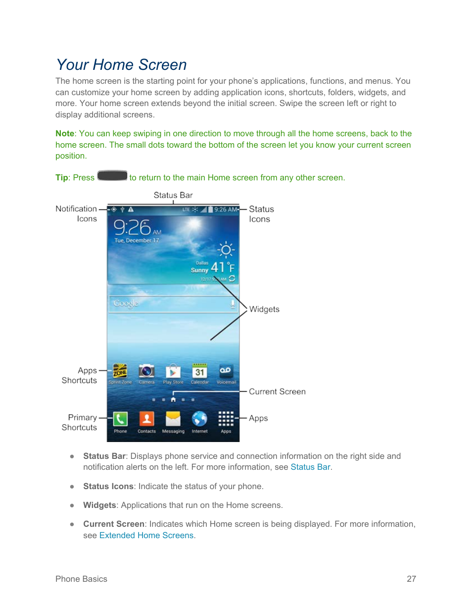 Your home screen | Samsung SPH-L600ZKASPR User Manual | Page 28 / 158