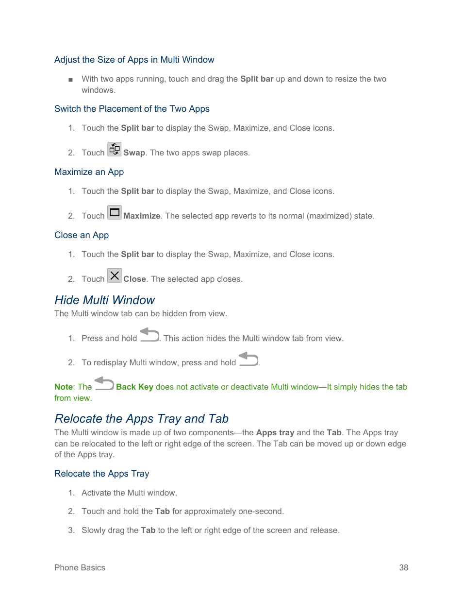 Hide multi window, Relocate the apps tray and tab | Samsung SPH-L600ZKASPR User Manual | Page 39 / 158
