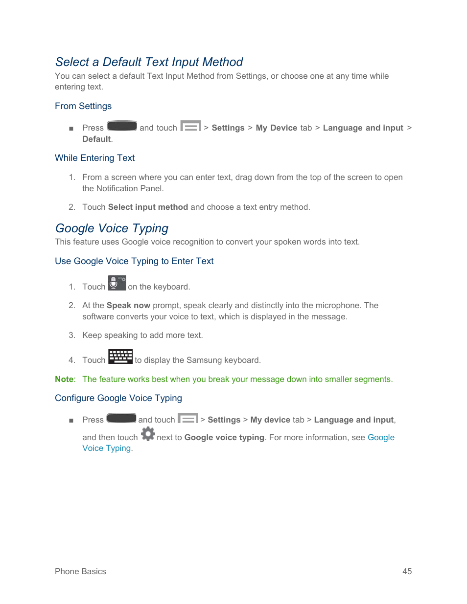 Select a default text input method, Google voice typing | Samsung SPH-L600ZKASPR User Manual | Page 46 / 158