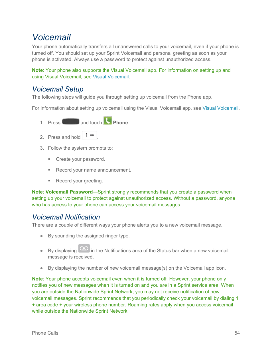 Voicemail, Voicemail setup, Voicemail notification | Samsung SPH-L600ZKASPR User Manual | Page 55 / 158