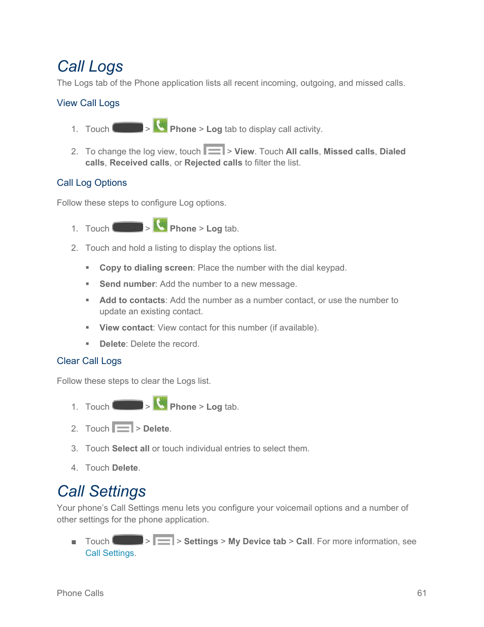 Call logs, Call settings | Samsung SPH-L600ZKASPR User Manual | Page 62 / 158
