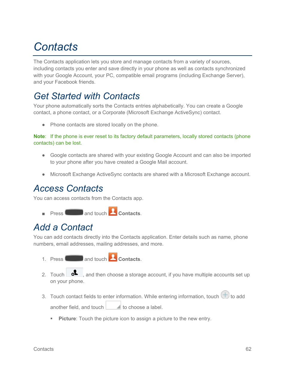 Contacts, Get started with contacts, Access contacts | Add a contact, Ee add a contact | Samsung SPH-L600ZKASPR User Manual | Page 63 / 158