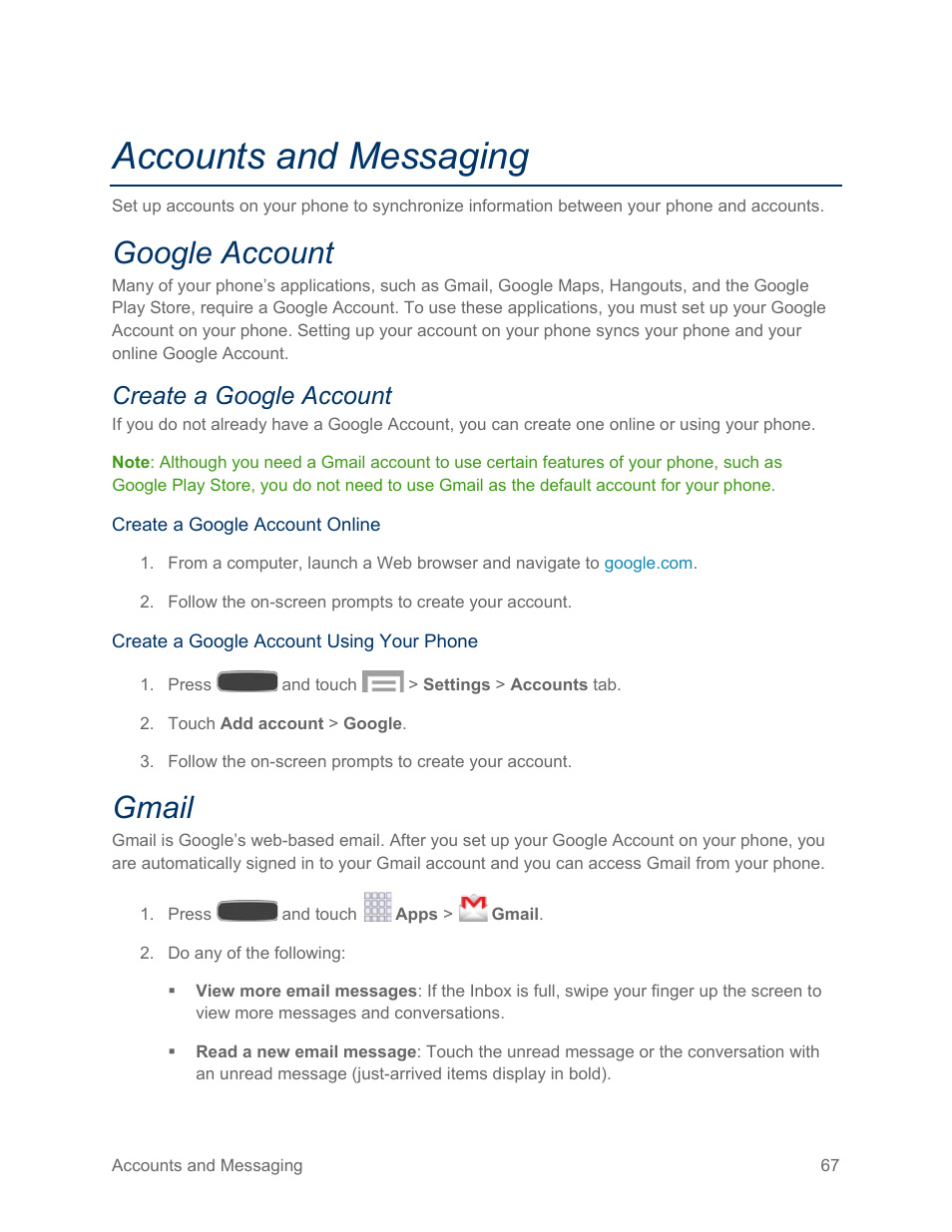 Accounts and messaging, Google account, Create a google account | Gmail | Samsung SPH-L600ZKASPR User Manual | Page 68 / 158