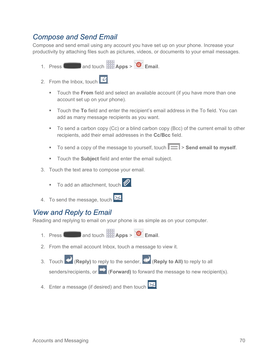 Compose and send email, View and reply to email | Samsung SPH-L600ZKASPR User Manual | Page 71 / 158