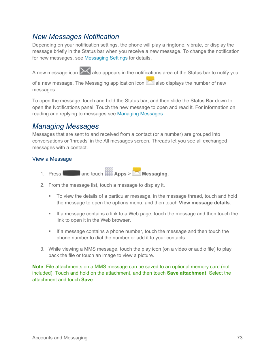 New messages notification, Managing messages | Samsung SPH-L600ZKASPR User Manual | Page 74 / 158