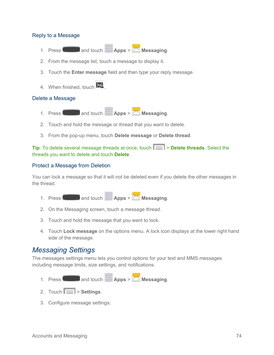 Messaging settings | Samsung SPH-L600ZKASPR User Manual | Page 75 / 158