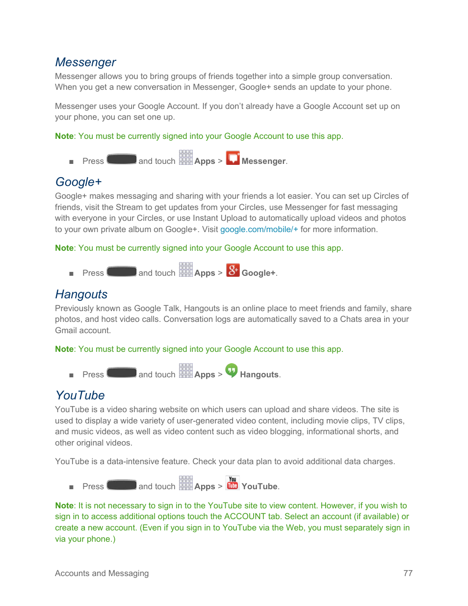 Messenger, Google, Hangouts | Youtube | Samsung SPH-L600ZKASPR User Manual | Page 78 / 158