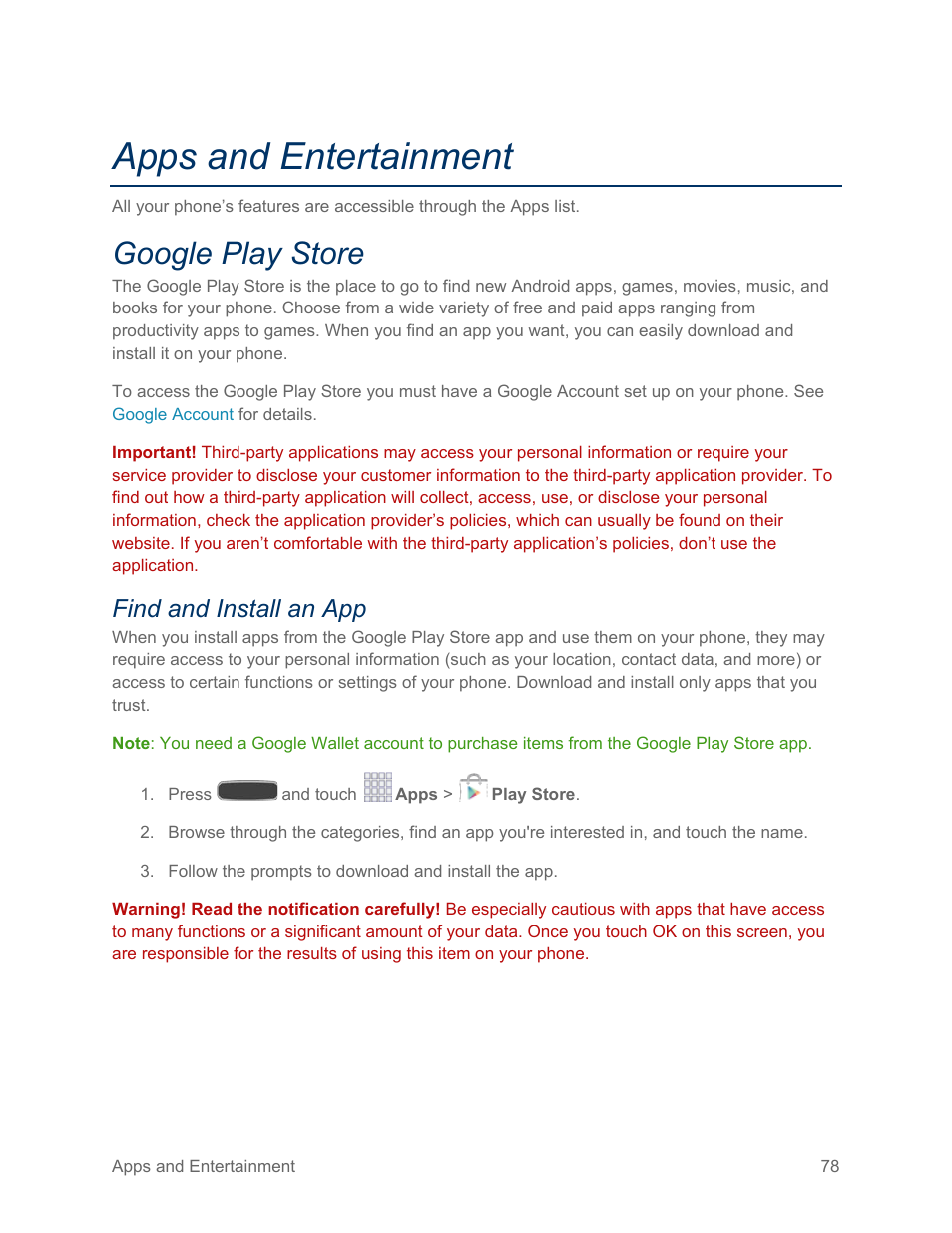 Apps and entertainment, Google play store, Find and install an app | Samsung SPH-L600ZKASPR User Manual | Page 79 / 158