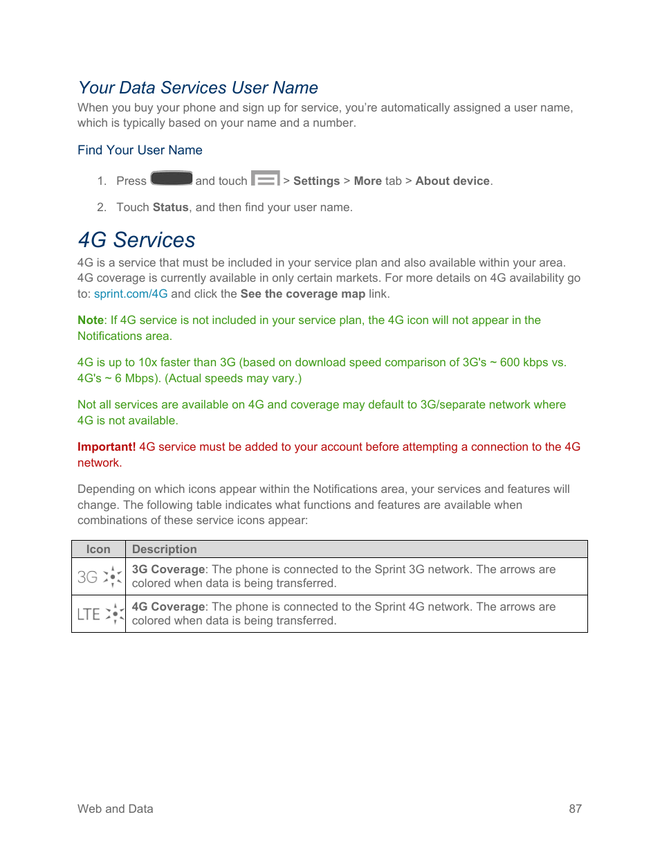 Your data services user name, 4g services | Samsung SPH-L600ZKASPR User Manual | Page 88 / 158