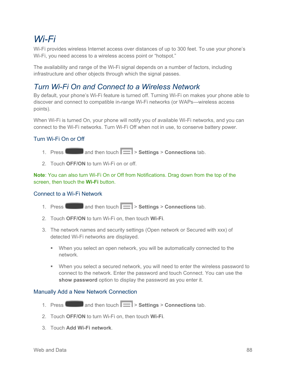 Wi-fi, Turn wi-fi on and connect to a wireless network | Samsung SPH-L600ZKASPR User Manual | Page 89 / 158