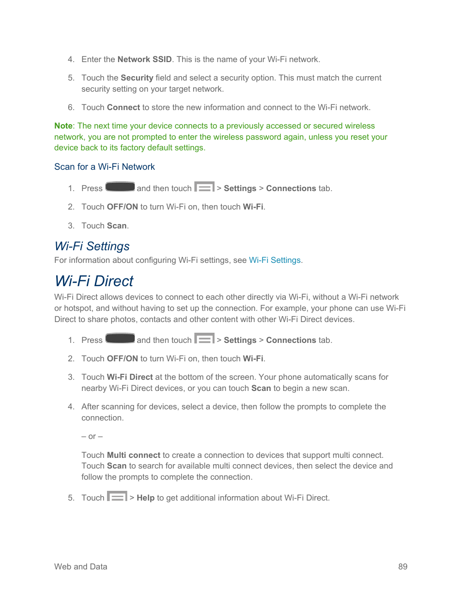 Wi-fi settings, Wi-fi direct | Samsung SPH-L600ZKASPR User Manual | Page 90 / 158