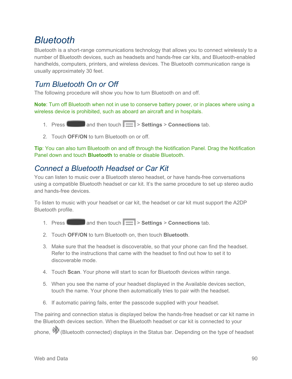 Bluetooth, Turn bluetooth on or off, Connect a bluetooth headset or car kit | Samsung SPH-L600ZKASPR User Manual | Page 91 / 158