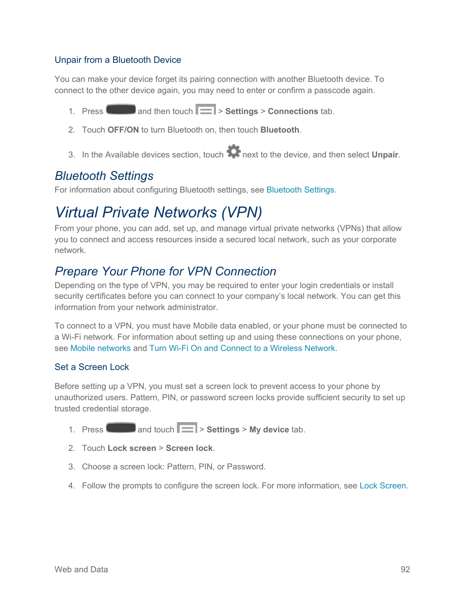 Bluetooth settings, Virtual private networks (vpn), Prepare your phone for vpn connection | Samsung SPH-L600ZKASPR User Manual | Page 93 / 158