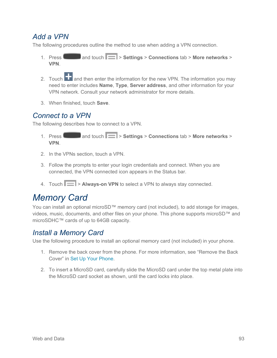 Add a vpn, Connect to a vpn, Memory card | Install a memory card | Samsung SPH-L600ZKASPR User Manual | Page 94 / 158