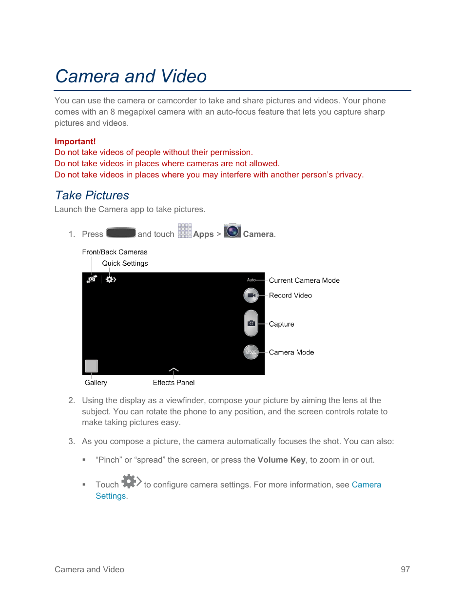 Camera and video, Take pictures | Samsung SPH-L600ZKASPR User Manual | Page 98 / 158