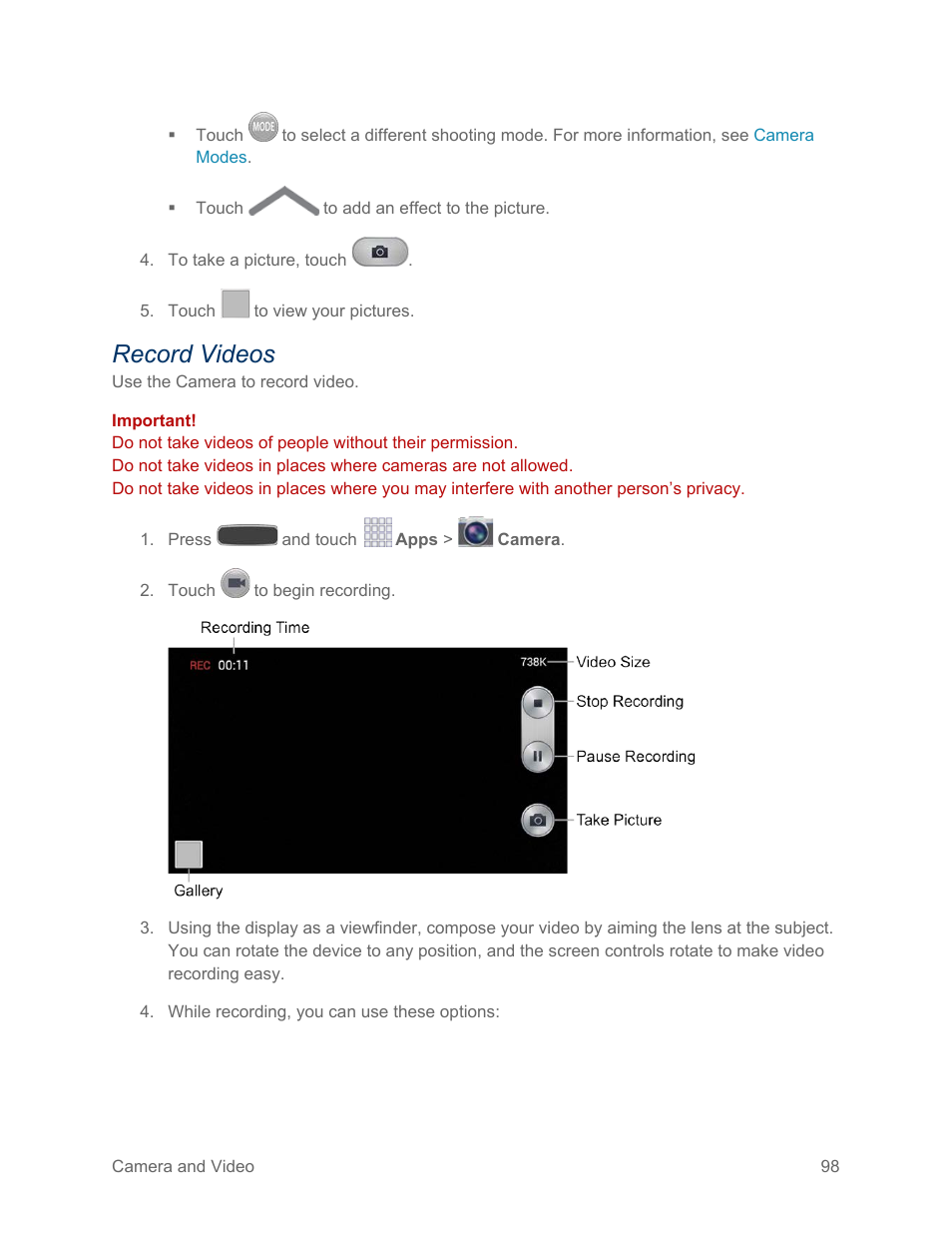 Record videos | Samsung SPH-L600ZKASPR User Manual | Page 99 / 158