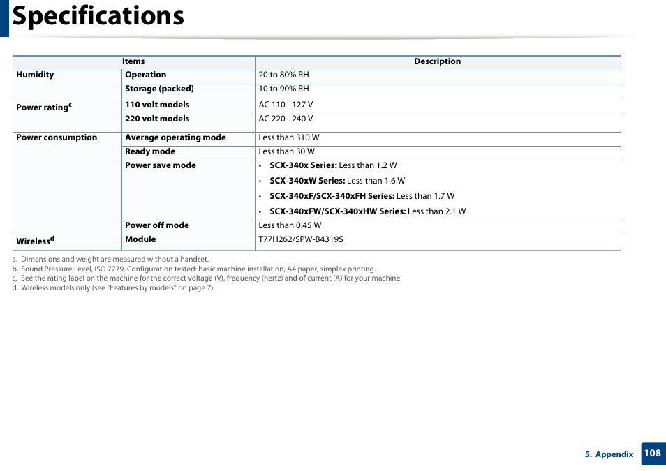Specifications | Samsung SCX-3405W-XAC User Manual | Page 108 / 331