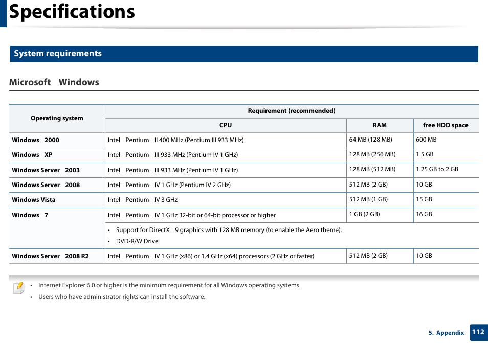 Specifications, Microsoft, Windows | System requirements | Samsung SCX-3405W-XAC User Manual | Page 112 / 331