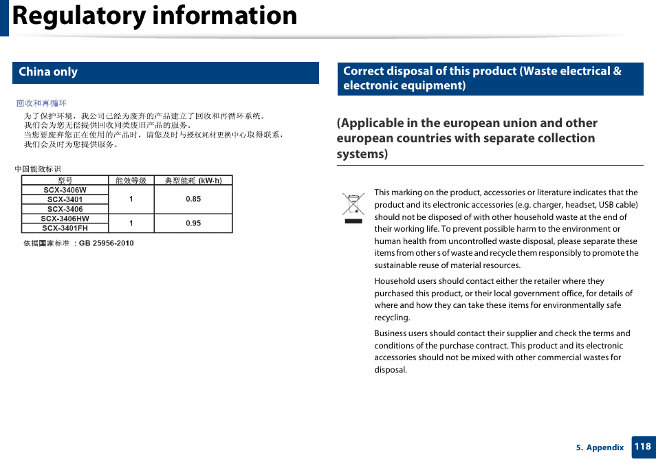 Regulatory information, China only | Samsung SCX-3405W-XAC User Manual | Page 118 / 331