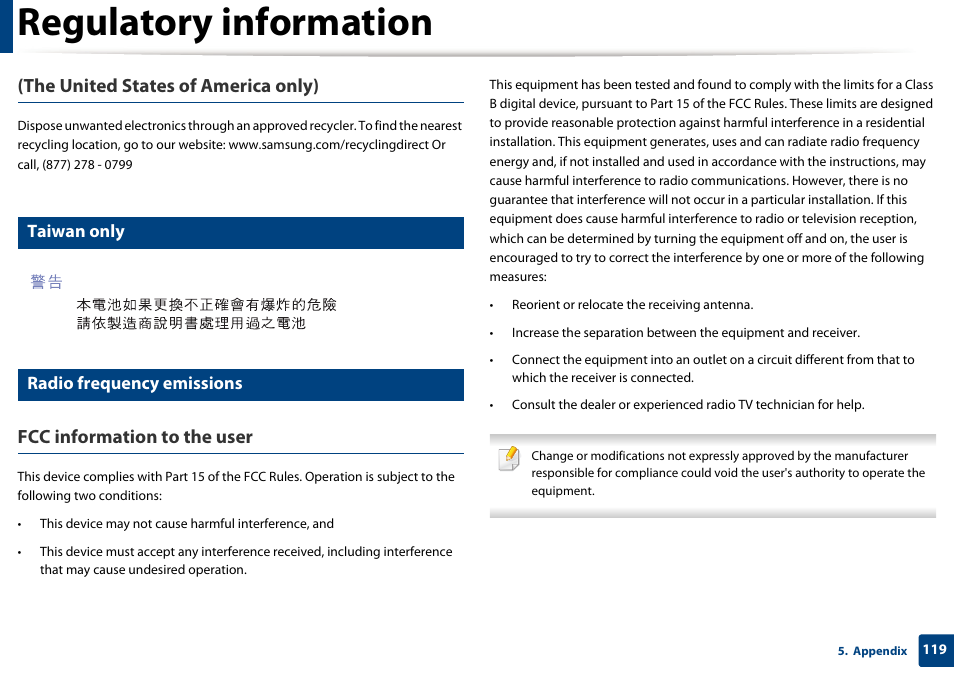 Regulatory information, The united states of america only), Fcc information to the user | Taiwan only, Radio frequency emissions | Samsung SCX-3405W-XAC User Manual | Page 119 / 331