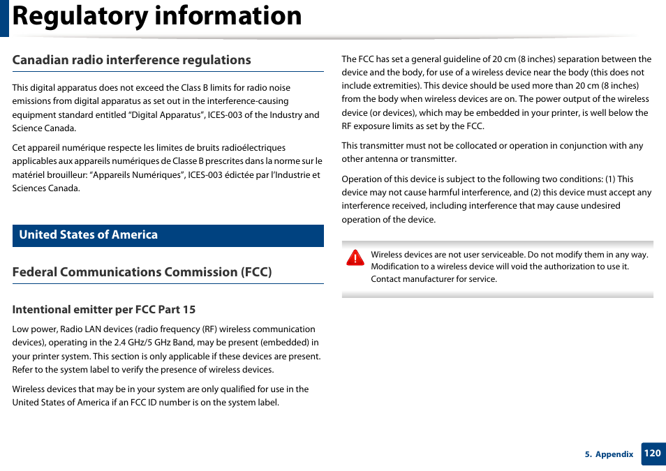 Regulatory information, Canadian radio interference regulations, Federal communications commission (fcc) | United states of america | Samsung SCX-3405W-XAC User Manual | Page 120 / 331