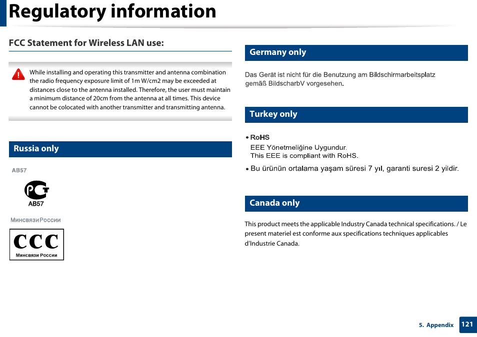 Regulatory information, Fcc statement for wireless lan use, Russia only | Germany only, Turkey only, Canada only | Samsung SCX-3405W-XAC User Manual | Page 121 / 331