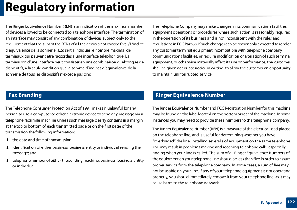 Regulatory information, Fax branding, Ringer equivalence number | Samsung SCX-3405W-XAC User Manual | Page 122 / 331