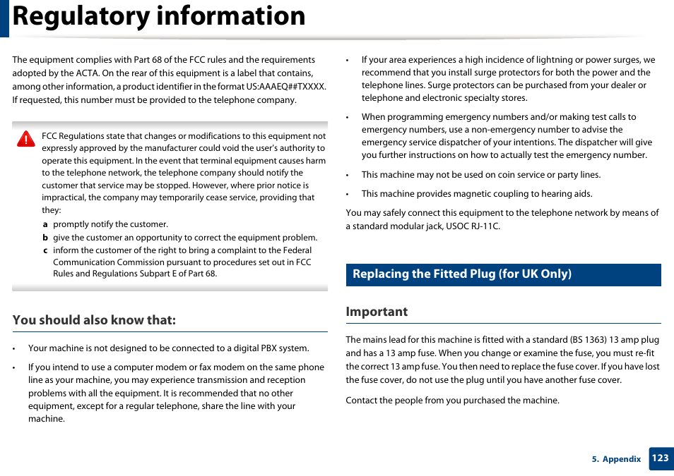 Regulatory information, You should also know that, Important | Replacing the fitted plug (for uk only) | Samsung SCX-3405W-XAC User Manual | Page 123 / 331