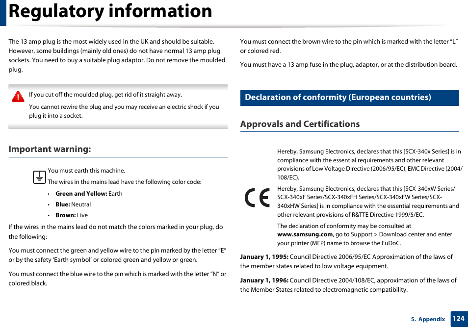 Regulatory information, Important warning, Approvals and certifications | Declaration of conformity (european countries) | Samsung SCX-3405W-XAC User Manual | Page 124 / 331