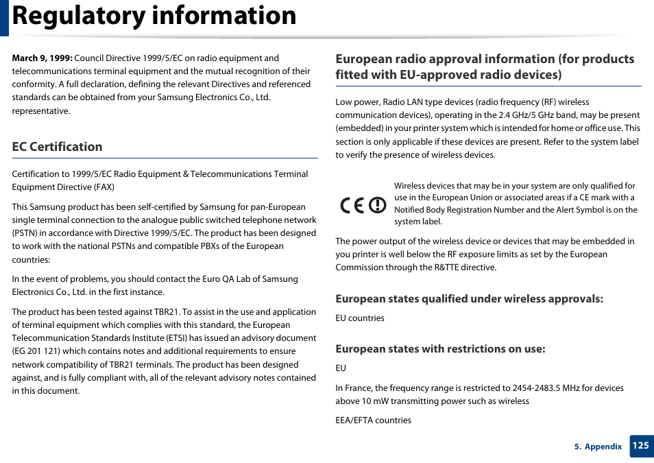 Regulatory information, Ec certification | Samsung SCX-3405W-XAC User Manual | Page 125 / 331