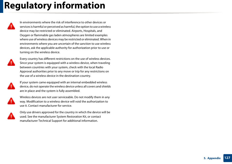 Regulatory information | Samsung SCX-3405W-XAC User Manual | Page 127 / 331