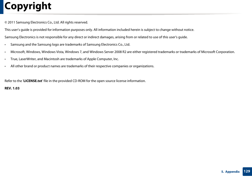 Copyright | Samsung SCX-3405W-XAC User Manual | Page 129 / 331