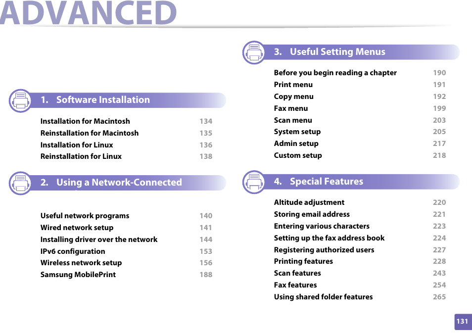 Advanced, Software installation, Using a network-connected machine | Useful setting menus, Special features | Samsung SCX-3405W-XAC User Manual | Page 131 / 331