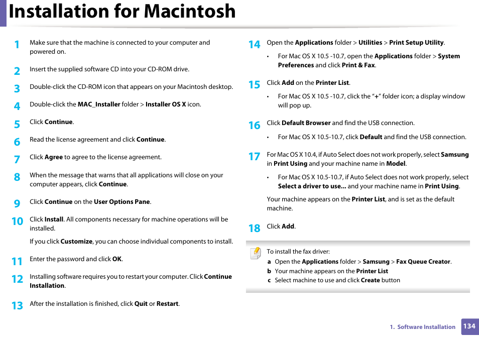 Installation for macintosh | Samsung SCX-3405W-XAC User Manual | Page 134 / 331
