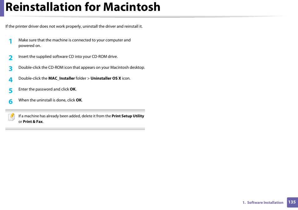 Reinstallation for macintosh | Samsung SCX-3405W-XAC User Manual | Page 135 / 331