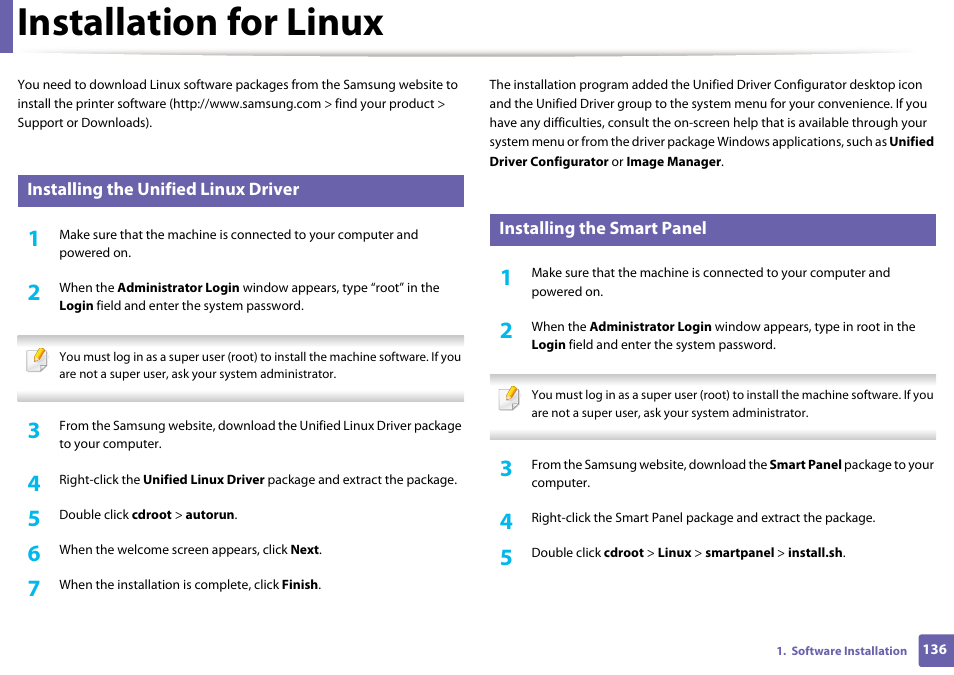 Installation for linux, Installation for linux" on | Samsung SCX-3405W-XAC User Manual | Page 136 / 331