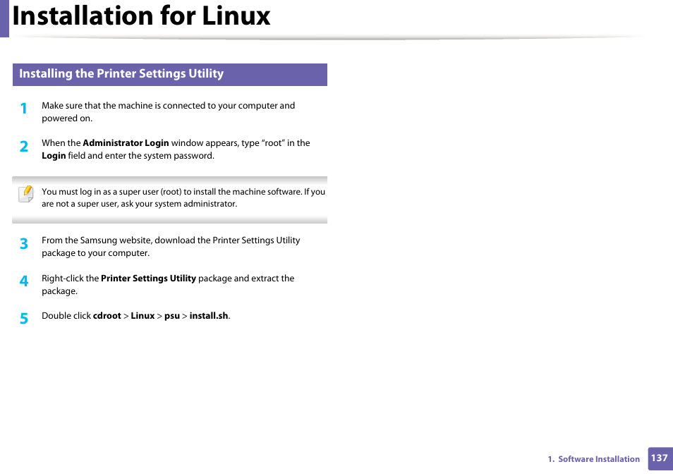 Installation for linux | Samsung SCX-3405W-XAC User Manual | Page 137 / 331