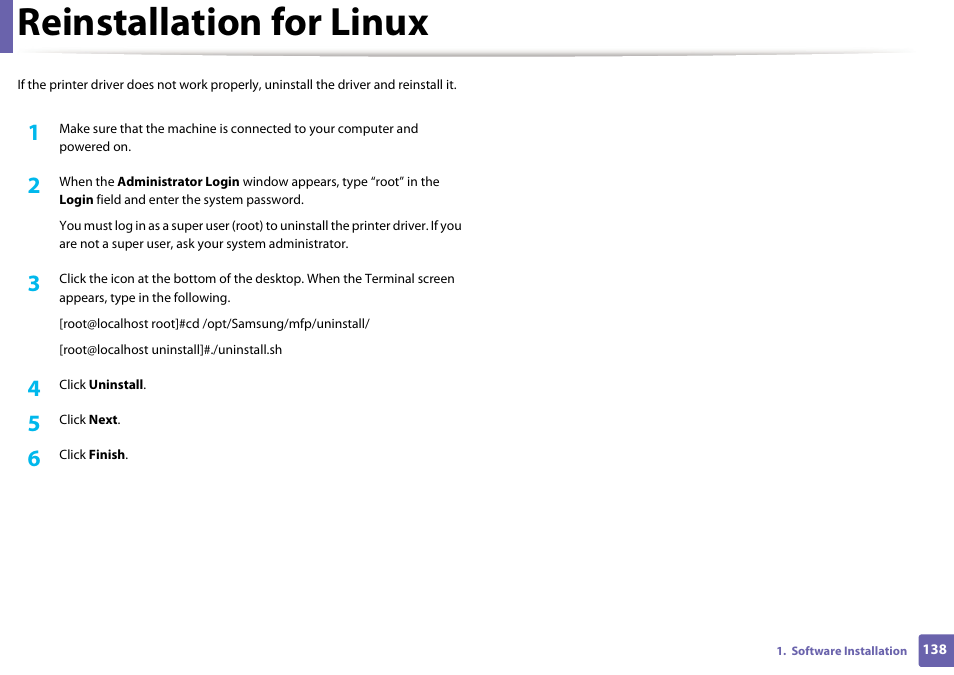 Reinstallation for linux | Samsung SCX-3405W-XAC User Manual | Page 138 / 331