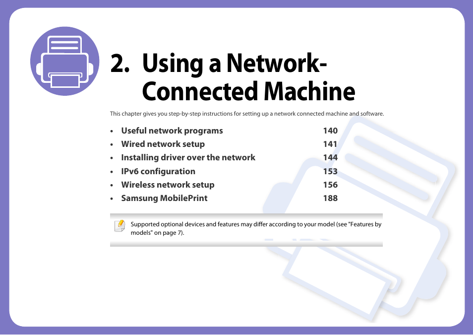 Using a network- connected machine, Advanced, Using a network-connected | Machine, Useful network programs, Wired network setup, Installing driver over the network, Ipv6 configuration, Wireless network setup, Samsung mobileprint | Samsung SCX-3405W-XAC User Manual | Page 139 / 331