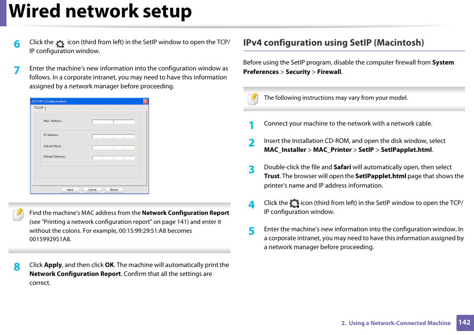 Wired network setup, Ipv4 configuration using setip (macintosh) | Samsung SCX-3405W-XAC User Manual | Page 142 / 331