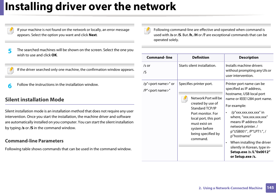 Installing driver over the network, Silent installation mode, Command-line parameters | Samsung SCX-3405W-XAC User Manual | Page 145 / 331