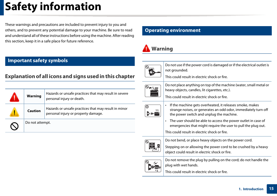 Safety information, Warning, Important safety symbols | Operating environment | Samsung SCX-3405W-XAC User Manual | Page 15 / 331