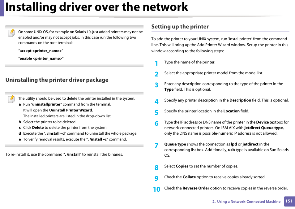 Installing driver over the network, Uninstalling the printer driver package, Setting up the printer | Samsung SCX-3405W-XAC User Manual | Page 151 / 331