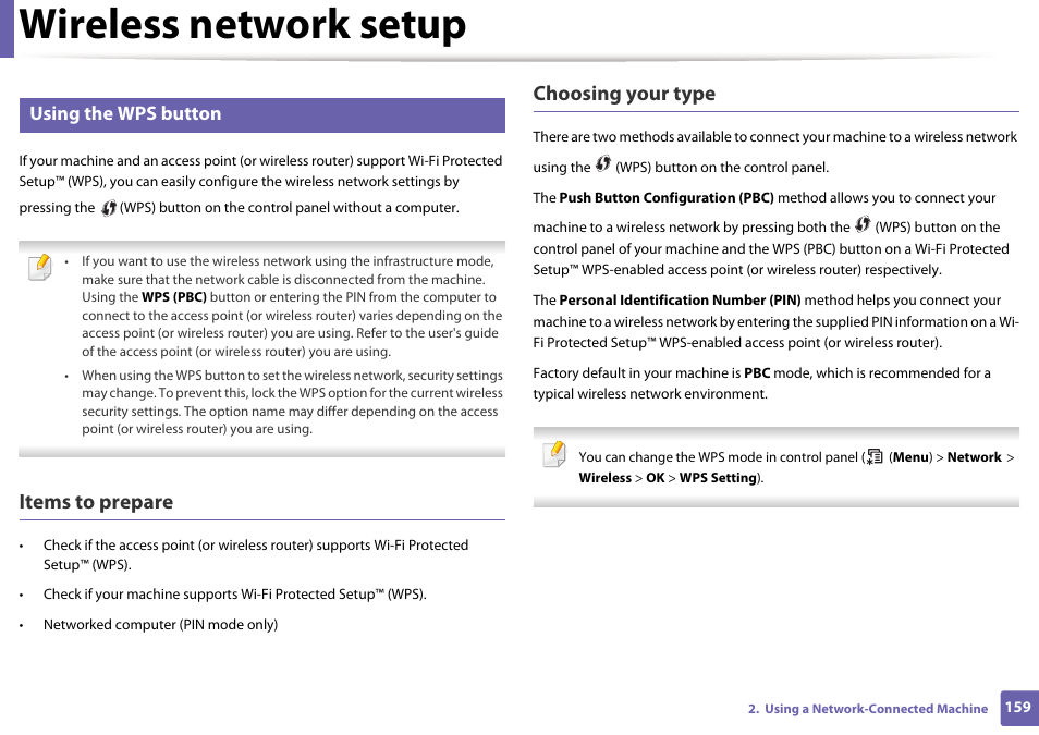 Wireless network setup, Items to prepare, Choosing your type | Using the wps button | Samsung SCX-3405W-XAC User Manual | Page 159 / 331