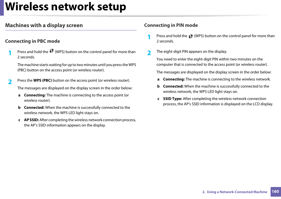 Wireless network setup, Machines with a display screen | Samsung SCX-3405W-XAC User Manual | Page 160 / 331