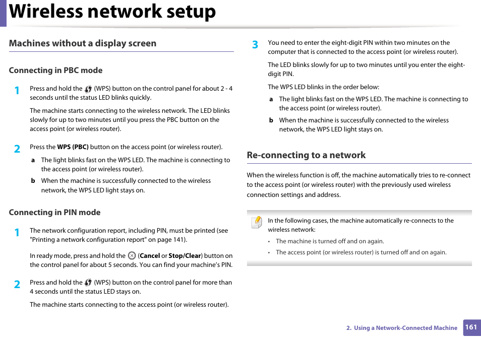 Wireless network setup, Machines without a display screen, Re-connecting to a network | Samsung SCX-3405W-XAC User Manual | Page 161 / 331