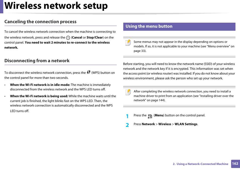 Wireless network setup, Canceling the connection process, Disconnecting from a network | Using the menu button | Samsung SCX-3405W-XAC User Manual | Page 162 / 331