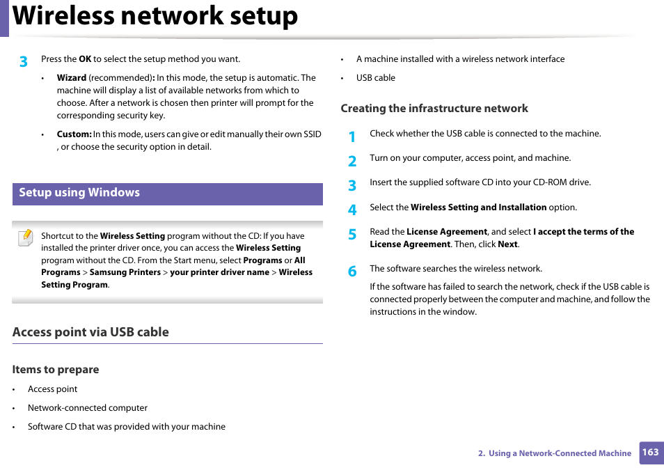 Wireless network setup, Access point via usb cable | Samsung SCX-3405W-XAC User Manual | Page 163 / 331